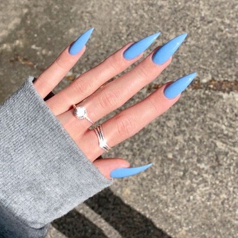 Pointy Blue Nails, Baby Blue Nails Stiletto, Pointed Acrylic Nail Designs, Stiletto Blue Nails, Baby Blue Stiletto Nails, Blue Nails Stiletto, Stiletto Nails Blue, Nails Ideas Stiletto, Nails Babyblue