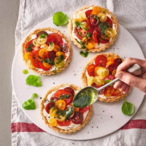 Tomato Tartlets | SheerLuxe Tomato Tartlets, Parfait Desserts, Shortcrust Pastry, Light Work, Blender Recipes, Us When, Cherry Tomato, Pastry Dough, Fresh Tomatoes