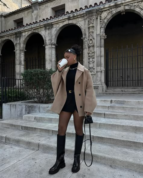 What To Wear With Knee High Boots: 11 Classy Outfits - The Wandering Girl Long Boots Outfit Winter Knee Highs, Black Outfit Black Women, Knee High Boot Outfit, All Black Outfit Black Women, Black Outfit For Women, Women Black Outfit, High Boots Outfit Winter, Black Knee High Boots Outfit, Fall Street Wear