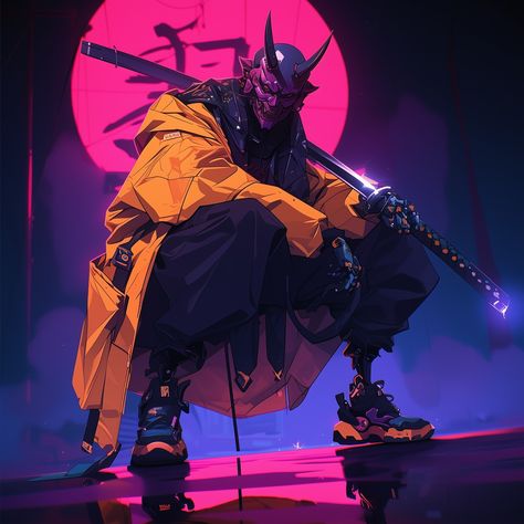 Cyberpunk Swordsman #ninja #demon #cool #characterdesign #fantastic #artwork #fantasy #aiart #digitalart #dailyart #artifialintelligence #digitalartist #midjourney #midjourneyart #conceptart #swordsman Cyberpunk Ninja, Ancient Warrior, Kitsune Mask, Neon Noir, Ninja Art, Cyberpunk Aesthetic, Samurai Tattoo, Ninja Warrior, Samurai Swords