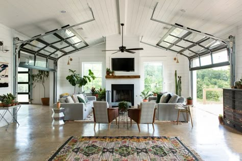 Modern Farmhouse Living Room Decor, Farmhouse Living Room Decor Ideas, Barn Living, Glass Garage Door, Modern Farmhouse Living, Modern Farmhouse Living Room, Barn Style House, Farmhouse Decor Living Room, Metal Building Homes