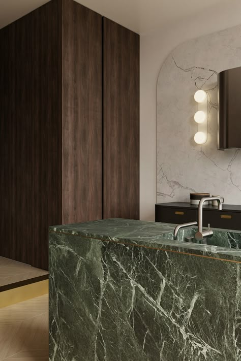 ARD FEAINN :: Behance Green Stone Kitchen Island, Green Marble Bar Counter, Green Marble Countertops Bathroom, Green Marble Interior Design, Green Marble Interior, Green Marble Kitchen Island, Green Onyx Countertop, Green Marble And Walnut, Sage Kitchen Island