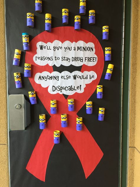 This won our Red Ribbon Week door contest!  Kids love minions! Red Ribbon Week Banner Ideas, Red Ribbon Week Door Decorating Kindergarten, Red Ribbon Week Door Decorating Movie Theme, Red Ribbon Week Ideas Elementary Door, Red Ribbon Week Door Decorating, Halloween Sunday School, Red Ribbon Week Door, Winter Door Decorations Classroom, Red Week