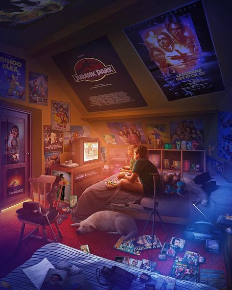 Cinema Bedroom, Nostalgia Toys, Dystopian Art, Bedroom Illustration, Geek Room, Retro Games Room, Good Horror Games, Retro Gaming Art, I Am Batman