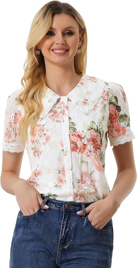 Peter Pan Collar Shirt, Peter Pan Collar Blouse, Pretty Shirts, Cute Blouses, Elegant Blouses, Women's Blouses, Sweet Floral, Polka Dot Blouse, Floral Print Blouses