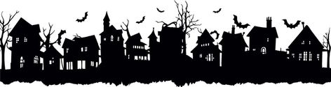 Halloween houses. Creepy village. Black silhouettes of houses and trees on an white background. Vector illustration. Creepy Village, Halloween Houses, Halloween Silhouettes, Tree Saw, Black Silhouette, Haunted Houses, Cityscape Photos, Logo Banners, Nature Backgrounds