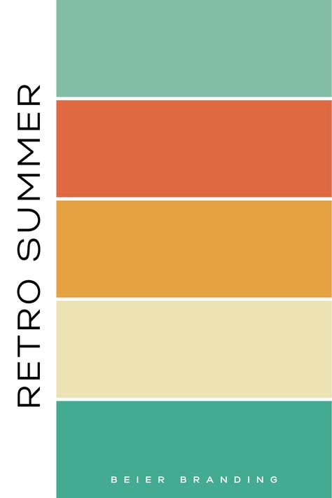 This color palette for designs that aim to bring a sense of timeless summer fun and seaside nostalgia. Get inspired by retro summer palette, summer retro color palette, and retro color palette 1970s summer. Shelby Beier is the creative mind behind Beier Branding, a brand and web designer for lifestyle and wellness brands. Vintage Camp Color Palette, Summer Beach Color Palette, Retro Summer Color Palette, Vintage Beach Color Palette, Retro Yellow Color Palette, Retro Beach Color Palette, 70s Retro Colour Palette, Vintage Colour Palette Retro, Retro Logo Color Palette