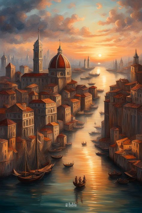 Journey into the Sunset: Digital Landscapes of Fantasy Ancient Cities Golden City Fantasy Art, Fantasy Cityscape, Breathtaking Sunsets, Golden City, Setting Sun, Follow My Instagram, Sunset Views, Old World Charm, Ancient Cities