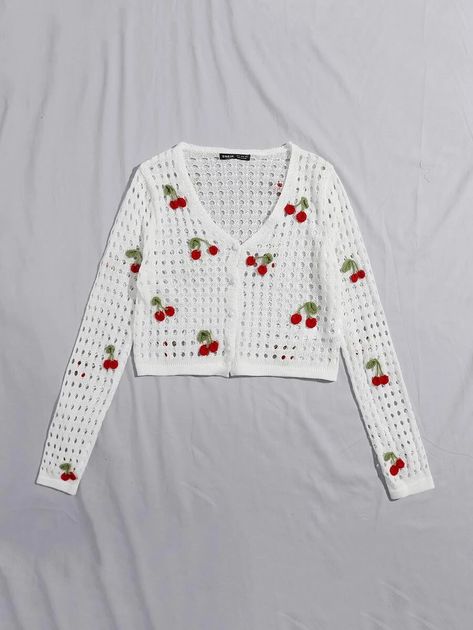 Pretty Jackets, Diy Crochet Shoes, Crochet A Crop Top, Quick Easy Crochet, Embroidery Cardigan, Cherry Embroidery, Blouses 2023, Crochet Blouses, Applique Work