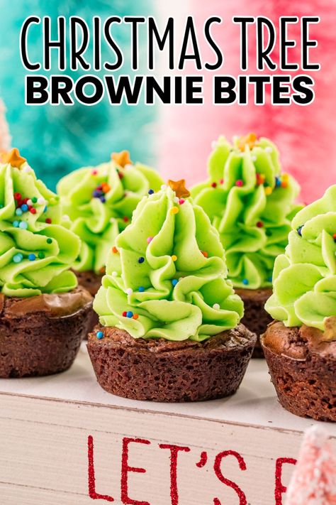 Get on everyone's nice list at the party by bringing festive Christmas Tree Brownie Bites! These adorable treats disappear faster than Santa! #BreadBoozeBacon #christmastree #browniebites #brownies #chocolate #buttercream #frosting #sprinkles #dessert #christmas #cookieswap #cookieexchange Betty Crocker Brownie Mix, Hot Chocolate Brownies, Christmas Tree Brownies, Bread Booze Bacon, Homemade Buttercream, Mini Cupcake Pan, Christmas Brownies, Homemade Buttercream Frosting, Brownie Cups