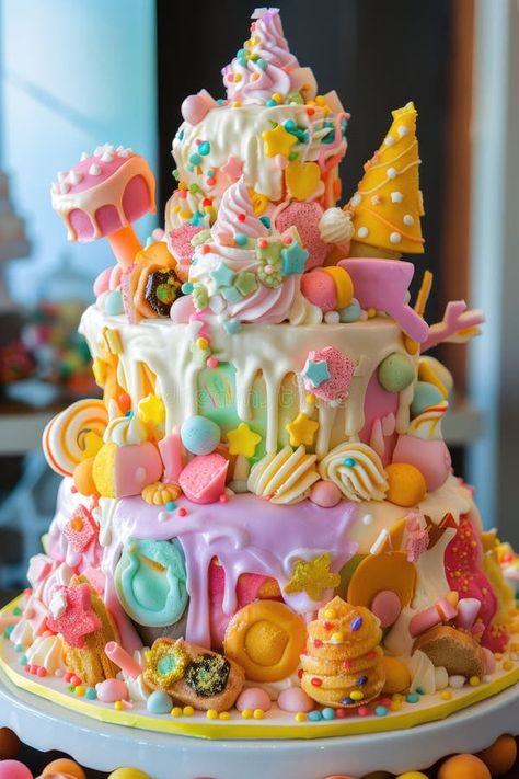 Colorful Birthday Cake with Candy Decor in a Festive Background royalty free stock photo Lollipop Cake Ideas, Cake With Candy On Top, Candy Land Cake Ideas, Candy Cake Ideas Birthday, Colorful Candy Cake, Candy Themed Cake, Candy Theme Cake, Candy Birthday Cake, Candy Land Cake