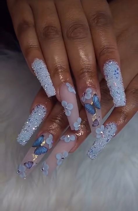 Light Blue Butterfly Nails, Quince Nails Butterflies, Light Blue Flower Nails, Baby Blue Quince Nails, Butterfly Nails Blue, Light Blue Butterfly Nails Short, Light Blue Butterfly Nails Acrylics, White With Blue Butterfly Nails, Light Blue Quince Nails With Butterflies