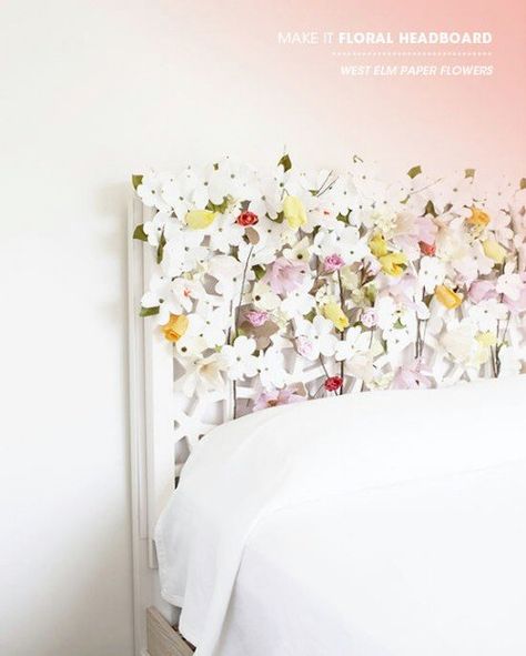 What better way to relax than under a bed of flowers? This beautiful blooming headboard requires just a few supplies and you can make it in just a couple of hours. You’ll need a morocco styled headboard, white paint if your headboard isn’t already white and some paper flowers. You also need artist tape and floral wire to hold the flowers in place. You can do this with a headboard that is already completed or build one yourself. Just remember to create the morocco design so that you have holes to Floral Headboard, Rustic Wood Headboard, Headboard Projects, Cute Diy Projects, Diy Headboards, Wooden Headboard, Diy Headboard, Headboard Designs, Wood Headboard