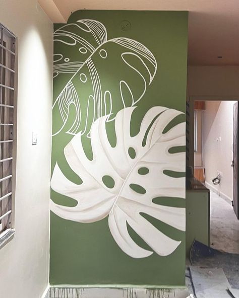 Monstera Wall Mural, Minimal Mural, Monstera Mural, Green Wall Painting, Green Mural, Painted Feature Wall, Bathroom Wall Mural, Green Wall Design, Bathroom Mural