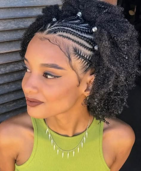 Half Afro Half Braids, Cornrows With Curls In Back Natural Hair, Cornrows With Curly Hair In Back, Wash And Go With Braids, Half Up Half Down With Cornrows, Half Cornrows Half Curls, Cornrows And Curly Hair, Half Cornrows Half Natural Hair, Half Cornrows Natural Hair