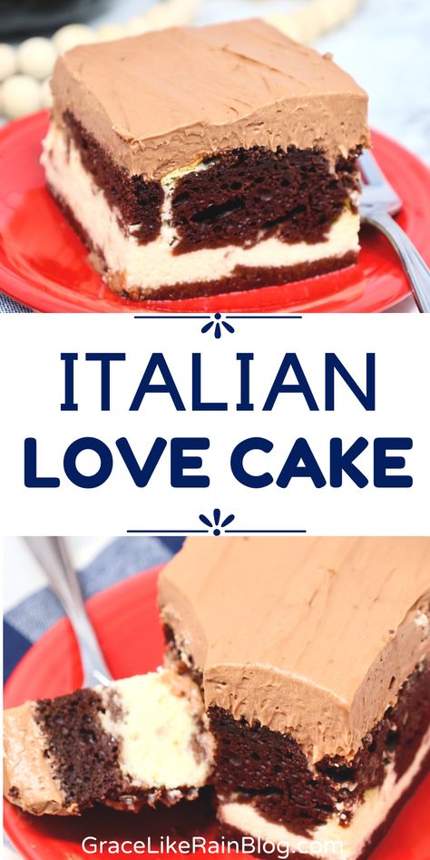 Chocolate Love Cake is a one-of-a-kind chocolate cake with a ricotta cheese filling and a decadent chocolate mascarpone topping. The flavor combination in this not-too-sweet cake will delight your taste buds. Your family will love this Italian-inspired chocolate dessert! Chocolate Love Cake, Italian Love Cake, Love Cake Recipe, Chocolate Mascarpone, Italian Love, Cake Mix Ingredients, Italian Chocolate, Chocolate Pudding Recipes, Italian Family