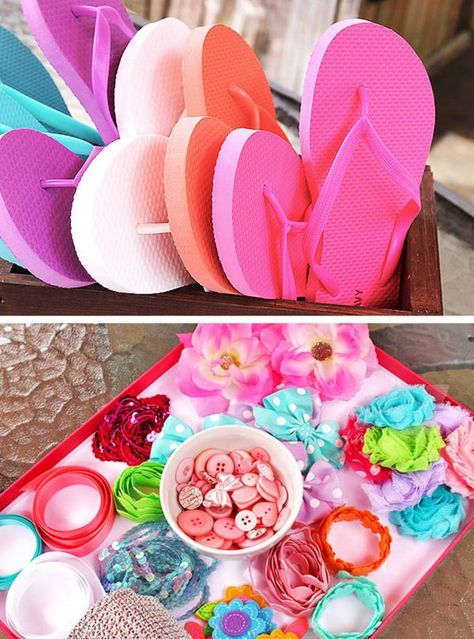 Diy Flip Flops Ideas Ribbon, Flip Flop Crafts For Kids, Flip Flop Decorating Ideas, Diy Flip Flops Ideas, Blow Up Pool Party, Shoe Birthday Party, Decorate Flip Flops, Campout Party, Tropical Spa