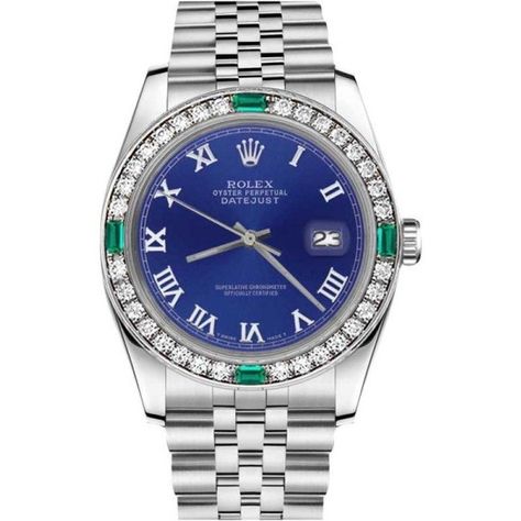 Pre-owned Rolex Datejust Blue Color Roman Numeral Emerald Dial 36mm... ($5,499) ❤ liked on Polyvore featuring jewelry, watches, roman numeral watches, bezel watches, rolex, leather-strap watches and bezel jewelry Rolex Blue, Bezel Jewelry, Watches Rolex, Oyster Perpetual Datejust, Rolex Watches For Men, Rolex Oyster Perpetual, Unisex Watches, Roman Numeral, Star Jewelry