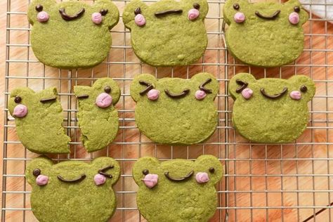 How to Make Frog-Shaped Matcha Shortbread Cookies | ehow Frog Dessert, Matcha Shortbread Cookies, Matcha Shortbread, Round Frog, Green Tea Cookies, Frog Cookies, Vegan Shortbread, Brownie In A Mug, Chocolate Melting Wafers