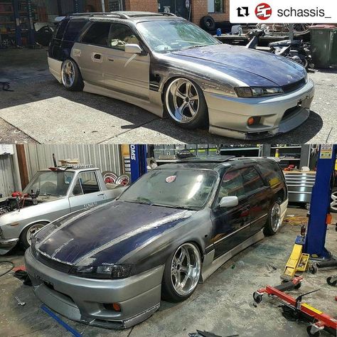 When you got a car meet to go to at 1pm and a soccer game to drop off your kid at 3pm. | #schassis #nissan #stagea #silvia #s14 #kouki #nismo #nissans14 #silvias14 #jdm #jdmimports #conversion #becausewhynot #drift #wagon #wagonmissile Kouki S14, Silvia S14 Kouki, Cefiro A31, S14 Kouki, Nissan Stagea, Nissan Cefiro, Nissan S14, Jdm Imports, Car Builds