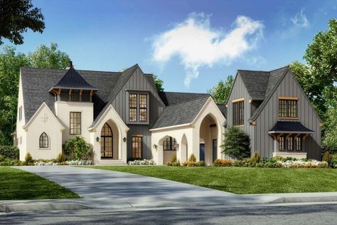 What do you think of... - Architectural Designs - House Plans 4000 Sq Ft House Plans, Transitional French Country, Pacific Natural, Transitional House Plans, Covered Entry, Beautiful Exterior, Vertical Siding, French Country House Plans, European House Plans