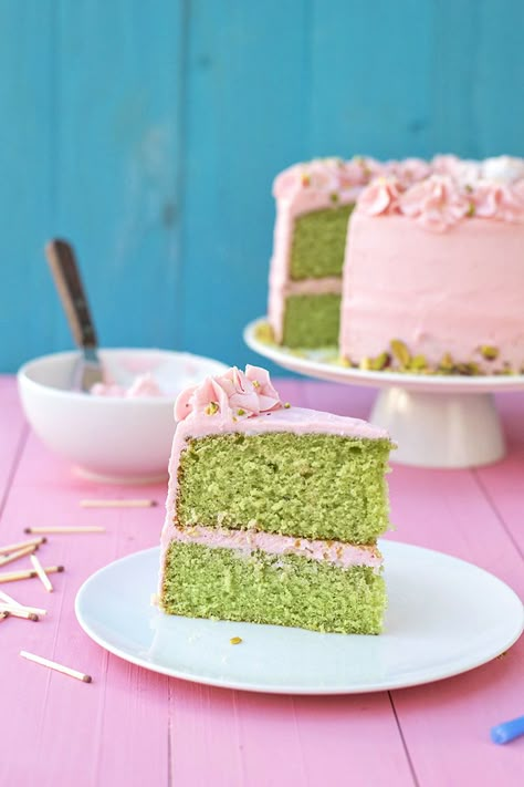 This fluffy pistachio layer cake is filled and frosted with rosewater buttercream for a unique birthday dessert. Pistachio Frosting, Cake With Pistachio, Cake Buttercream Frosting, Pistachio Cake Recipe, Cake Buttercream, Pistachio Cake, Low Carb Dessert, Birthday Desserts, Piece Of Cake