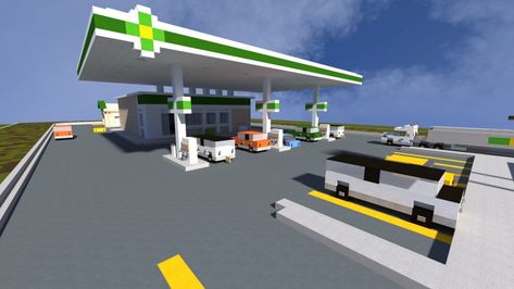 Town Building Ideas, Bp Gas Station, Minecraft Stores, Minecraft Realistic, Villa Minecraft, Minecraft Modern City, Construction Minecraft, Modern Minecraft Houses, Minecraft Building Guide