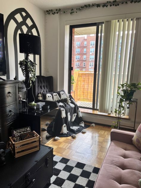 Small Goth Apartment, Spooky Apartment Aesthetic, Apartment Black Aesthetic, Alt Apartment Decor, Spooky Aesthetic Room, Small Apartment Living Room Black, Gothic Studio Apartment, Goth Studio Apartment, Alternative House Decor