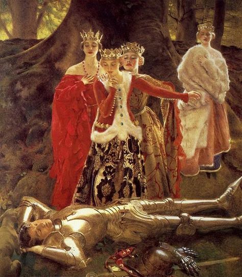 earwigbiscuits:  The Four Queens Find Lancelot Sleeping by Frank Cadogan Cowper Frank Cadogan Cowper, Pre Raphaelite Paintings, Roi Arthur, Pre Raphaelite Art, Istoria Artei, Three Women, Knight In Shining Armor, Pre Raphaelite, Art Et Illustration