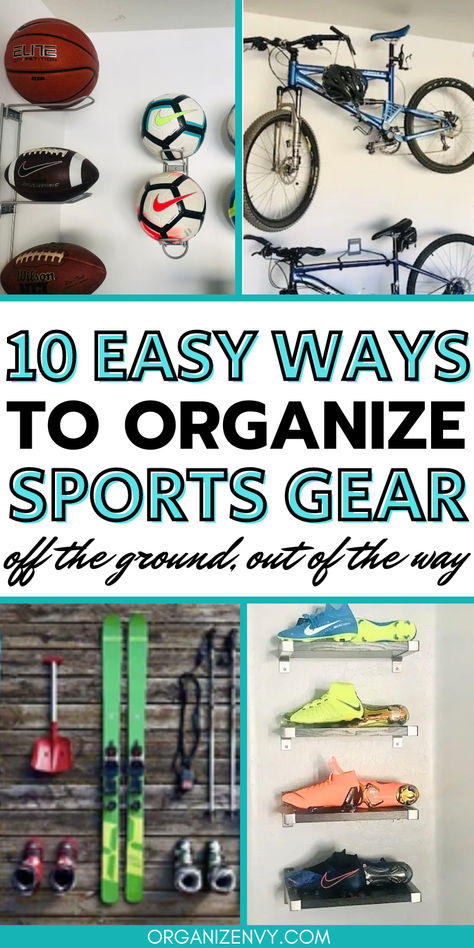 Collage of photos showing sports gear organized and stored on the wall Sport Equipment Storage Ideas, Sports Mom Organization, Storage Garage Organization, Bicycle Storage Garage, Sports Gear Storage, Garage Lockers, Sports Equipment Storage, Gear Wall, Wiffle Ball