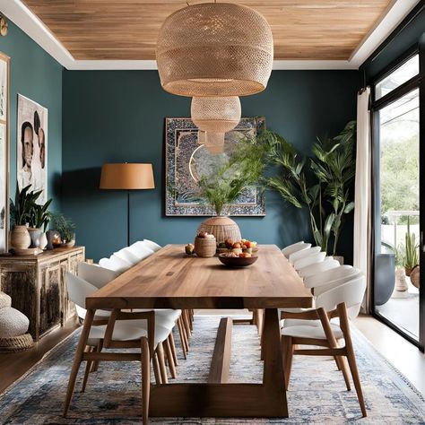 Boho Dining Room Ideas for a Trendy, Relaxed Vibe Dinning Room Rugs Under Table, Dark Boho Dining Room, Dinning Room Decor Ideas Modern Luxury, Boho Dining Room Ideas, Rugs Under Dining Table, Beachy Dining Room, Boho Chic Dining Room, Dark Blue Dining Room, Comfortable Dining Room