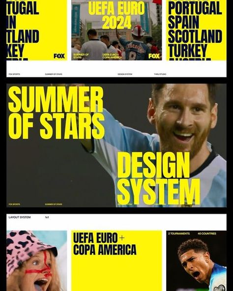 THRU on Instagram: "Design system for FOX SPORTS’ Summer of Stars broadcasting. At the core of the identity is the Star System, featuring typographic compositions that display the campaign’s theme. The flexible design also incorporates soccer-inspired stripes, allowing for variation while maintaining brand consistency. Customizable templates were developed to help the team adapt content across  formats. · Creative Direction: THRU Visual Identity / Design System: THRU + @davidrinman  Motion System: THRU Templates: THRU 3D Rendering: @teteerck  · #thru #thrustudio #thrumotion #designthrumotion #motiondesign #FOX #FOXsports #FS1 #soccer #uefaeuro2024 #copaamerica2024" Sports Campaign Design, Brand Exploration, Sports Campaign, Channel Branding, Sport Branding, Brand Consistency, Sports Channel, Visual Identity Design, Star System