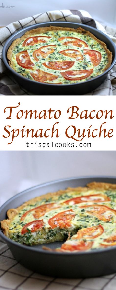 No bacon, use smoked gouda + Parmesan. Sofrei la cebolla y tomates con aceite de Oliva. No crust. Delicioso! Bacon Spinach Quiche, Tomato Quiche, Bacon Quiche, Spinach Quiche, Bacon Tomato, Quiche Recipes, Tomato Recipes, Breakfast Brunch Recipes, Breakfast Time