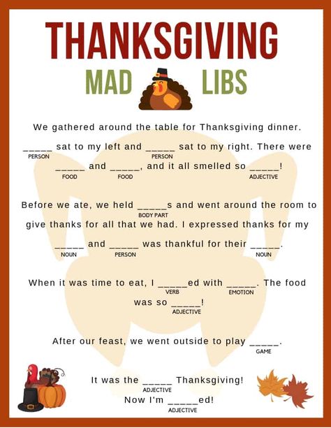 Print this super fun Thanksgiving mad libs for the whole family to enjoy at the Thanksgiving table! Great for kids and adults! Thanksgiving Mad Libs, Free Printable Mad Libs, Mad Libs For Adults, Mad Lips, Funny Mad Libs, Thanksgiving Mad Lib, Thanksgiving Games For Adults, Thanksgiving Games For Kids, Thanksgiving Stories