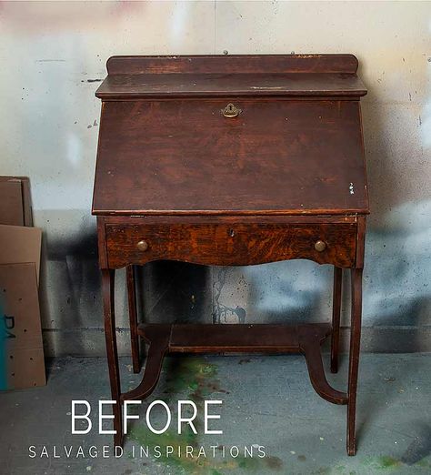 Painted Secretary Desk - Salvaged Inspirations Small Secretary Desk Makeover, Vintage Writing Desk Makeover, Chalk Painted Secretary Desk, Antique Secretary Desk Decor, Antique Secretary Desk Makeover Ideas, Diy Secretary Desk, Writing Desk Makeover, Painted Antique Desk, Antique Desk Makeover