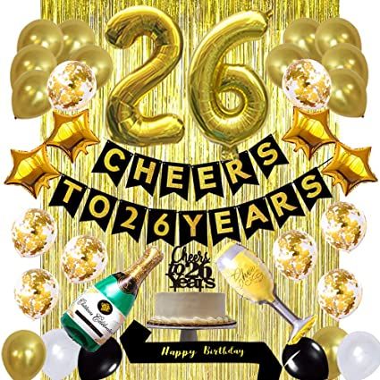 Gold 26th Birthday Decorations kit, Cheers to 26 Years Banner Balloons,26th Cake Topper Birthday Sash, Gold Tinsel Foil Fringe Curtains, for 26 Birthday&Anniversary Decorations 27th Birthday Decorations, 26th Birthday Decorations, 24th Birthday Decorations, 22 Birthday Decorations, 35 Birthday Decorations, 23rd Birthday Decorations, 75th Birthday Decorations, 74th Birthday, 52 Birthday