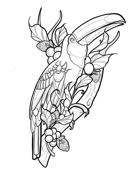 Neo Traditional Tattoo Outline, Toucan Tattoo Design, Neo Trad Bird Tattoo, Neotraditional Bird Tattoo Design, Tucan Tattoo, Toucan Tattoo, Toucan Drawing, Quetzal Tattoo, Animal Tattoo Designs