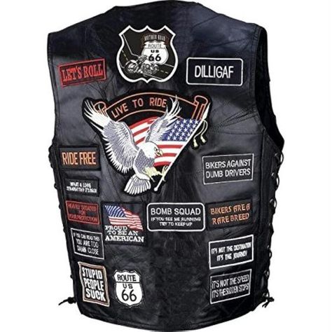 PRICES MAY VARY. Innovative - will enhance your well being. BUF LTH VEST W/42 PATCHES - 2X, Description:Features multiple patches, black snaps and laced sides. Patches on the front of vest read: BORN WILD STILL WILD, FREEDOM ISN&apos;T FREE, and USA. Back patches read: THESE COLORS DON&apos;T RUN, LOUD PIPES SAVE LIVES, ROUTE 66, and RIDE FREE. Large eagle patch also featured on back. Live To Ride® brand embroidered cloth patches are included and already sewn in place. Actual designs may var Vest With Patches, Motorcycle Leather Vest, Harley Davidson Merchandise, Leather Biker Vest, Black Label Society, Biker Gear, Biker Vest, Motorcycle Leather, Motorcycle Harley