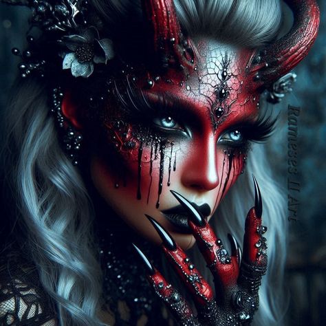 Mazikeen Tattoo, Devil Makeup Halloween, Demon Halloween Costume, Goth Makeup Looks, Dragon Makeup, Demon Makeup, Demon Costume, Goth Things, Evil Tattoos