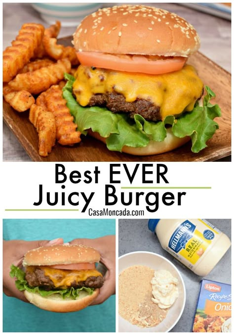 Juicy Burger Recipe, Outdoor Recipes, Grilled Burger Recipes, Burger Recipes Beef, Juicy Hamburgers, Burger Mix, Juicy Burger, Best Burger Recipe, Cheeseburger Recipe