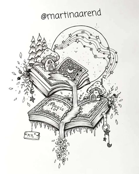 Magic Carpet Tattoo, Fantasy Book Drawing, Books Drawing Sketches, Magic Book Drawing, Tattoos Inspired By Books, Bookworm Art, Waterfall Tattoo, Book Drawings, Bookish Tattoos