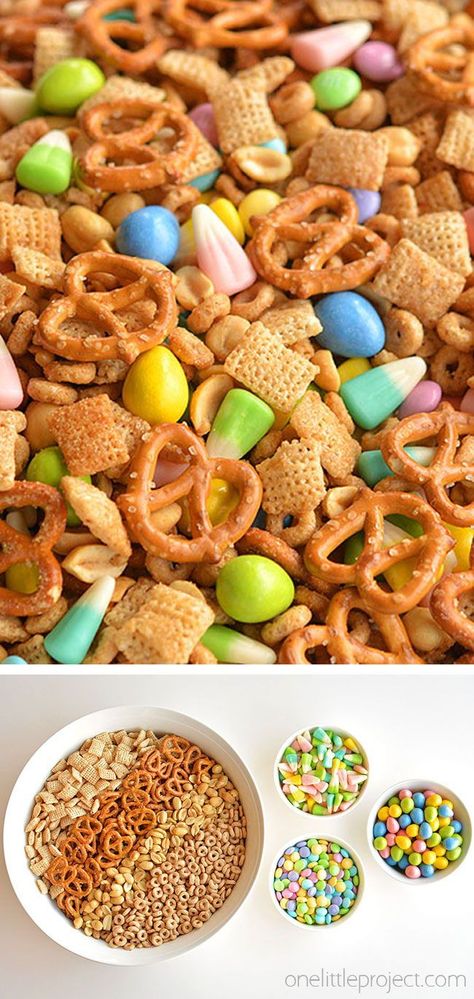 This Spring Snack Chex Mix is the PERFECT combination of sweet and salty. It tastes sooooooooo good!! And the colours are so beautiful for spring and Easter! Spring Snack Mix Recipes, Easy Spring Snacks, Spring Break Food Ideas, Spring Chex Mix Recipes, Easter Mix Snack, Easter Chex Mix Recipes, Easter Trail Mix Recipes, Easter Snack Mix Recipes, Easter Finger Food Ideas