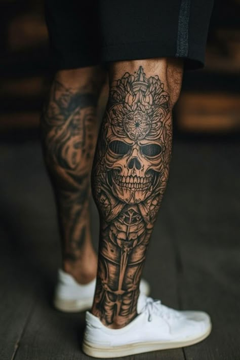 Tattooed leg with an intricate skull design. Best Tattoo Legs For Men, Cool Traditional Tattoos Ideas, Tattoo Designs Leg Men, Tattoo Sleeve Ideas For Men Unique, Pancho Villa Tattoo Design, Skull Shin Tattoo, Guanajuato Tattoo, Tattoo Ideas Leg Men, Traditional Tattoo Sleeve Mens