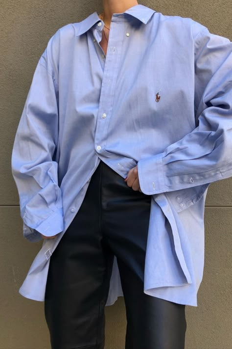 Oversized Men’s Shirt Outfit For Women, Mens Oversized Shirt Outfits For Women, Oversized Men Shirt Outfit Women, Oversized Blue Shirt Outfit, Blue Oversized Shirt Outfit, Ralph Lauren Aesthetic Outfit, Oversized Blue Shirt, Blue Oversized Shirt, Polo Ralph Lauren Outfits