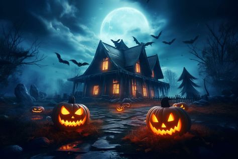 Haunted house on halloween celebration concept. Spooky house halloween background with deserted building and pumpkin. Scary house with creepy building at night by AI generated Creepy Building, Horror House Background, Spooky House Halloween, Spooky Houses Art, Haunted House Fantasy Art, Haunted House Iphone Wallpaper, Haunted House Background, Scary House, Building At Night