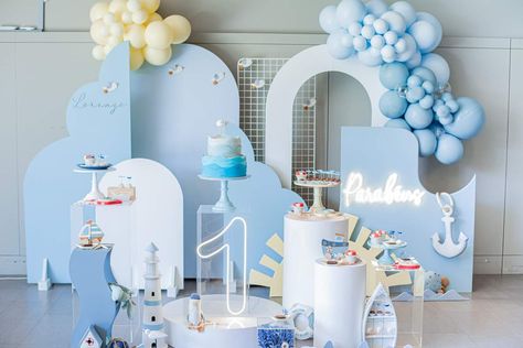 Sailor Bay | CatchMyParty.com Nautical 1st Birthday, Nautical Birthday Party, Boys 1st Birthday Party Ideas, Dessert Table Decor, Nautical Birthday, Sea Birthday Party, Nautical Party, Sea Birthday, Under The Sea Party