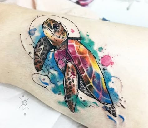 Turtle tattoo by Brandon Bec Sea Turtle Watercolor Tattoo, Turtle Watercolor Tattoo, Sea Turtle Watercolor, Sea Turtle Tattoo, Turtle Tattoo Designs, Turtle Watercolor, Painting Landscapes, Marquesan Tattoos, Mens Shoulder Tattoo