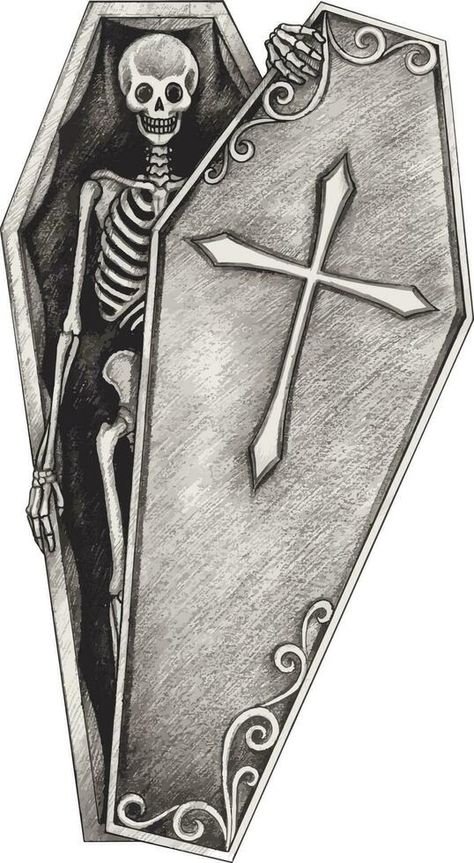 Surreal skull in coffin. Hand drawing and make graphic vector. Coffin Art Illustration, Coffin Painting Art, Coffins Drawings, Coffin Art Drawing, Person In Coffin, Coffin Reference, Gravestone Drawing, Coffin Outline, Coffin Drawing