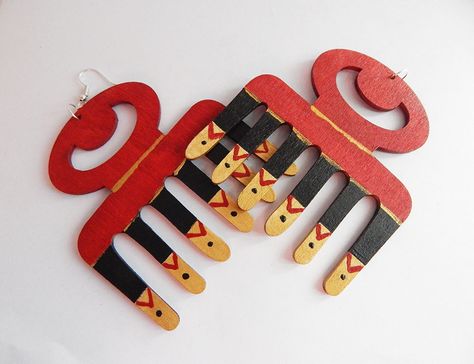 New to TheBlackerTheBerry on Etsy: African Adinkra Earrings Duafe Comb Jewelry Hand Painted Earrings Red Gold Black Large Earring Cute Statement Ethnic Black Owned Business Adinkra Earrings, Symbol Earrings, Adinkra Symbols, Wooden Comb, Hand Painted Earrings, Painted Earrings, Jewelry Hand, Earrings Red, Black Business