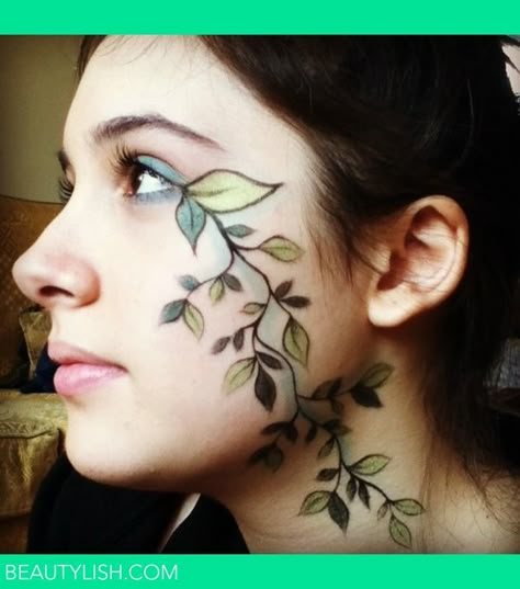 Leaf Makeup | Alize D.'s Photo | Beautylish Tree Makeup Halloween, Tree Face Makeup, Forest Makeup Looks, Plant Themed Makeup, Druid Makeup Elves, Forest Eye Makeup, Ivy Face Paint, Woodland Fairy Makeup Ideas, Wood Nymph Makeup